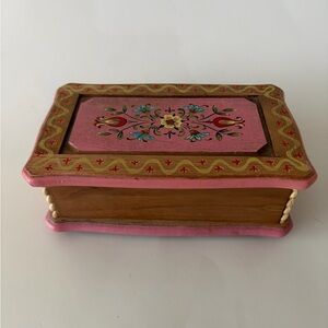 Painted Folk Art Wooden  Jewelry Box With Music RedFelt Lined